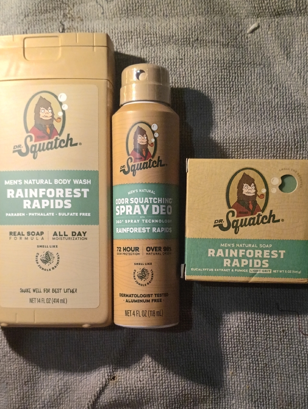DR SQUATCH (3) RAINFOREST RAPIDS SPRAY DEODORANT BODY WASH & LIGHT GRIT SOAP 🧼